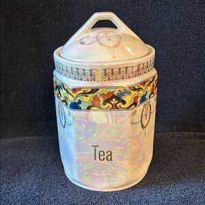 Vintage Czech Iridescent Lusterware Tea Canister with Lid Gilded Gold Accents